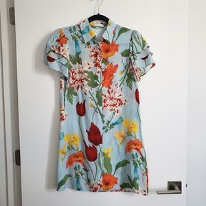 Alice + Olivia Blue Silk Floral Shirt Dress